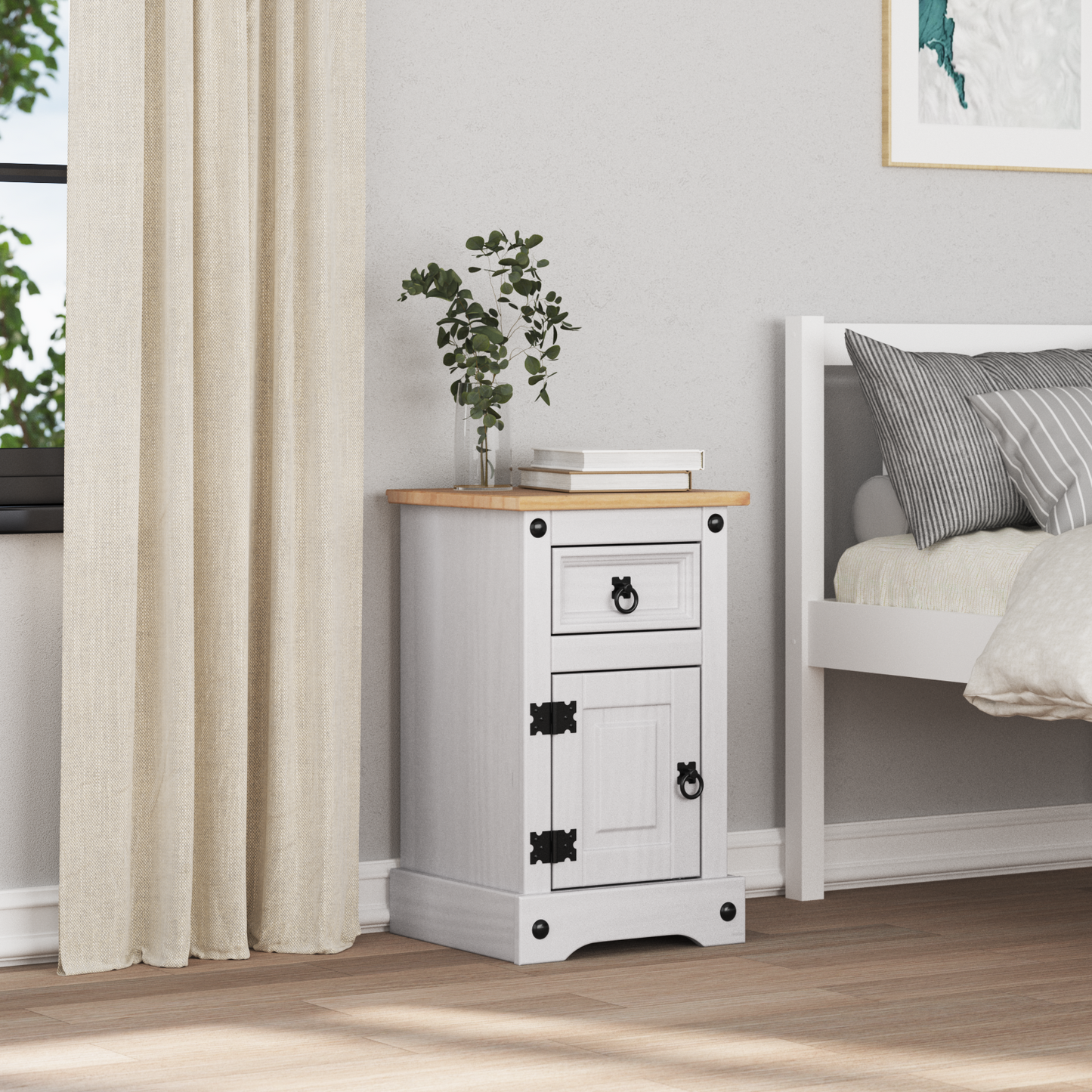 Bedside Table Corona White 35 x 32.5 x 58 cm Solid Pine Wood