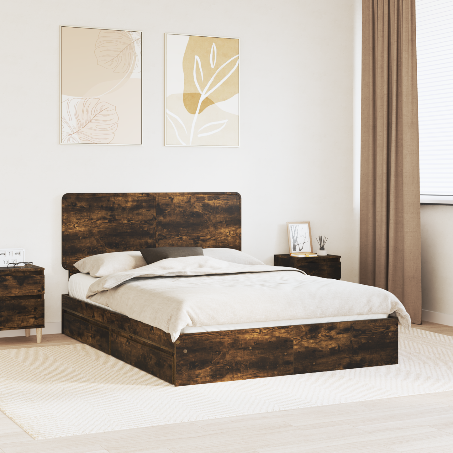 Storage Bed with Drawer Smoked Oak 160 x 200 cm Engineered Wood