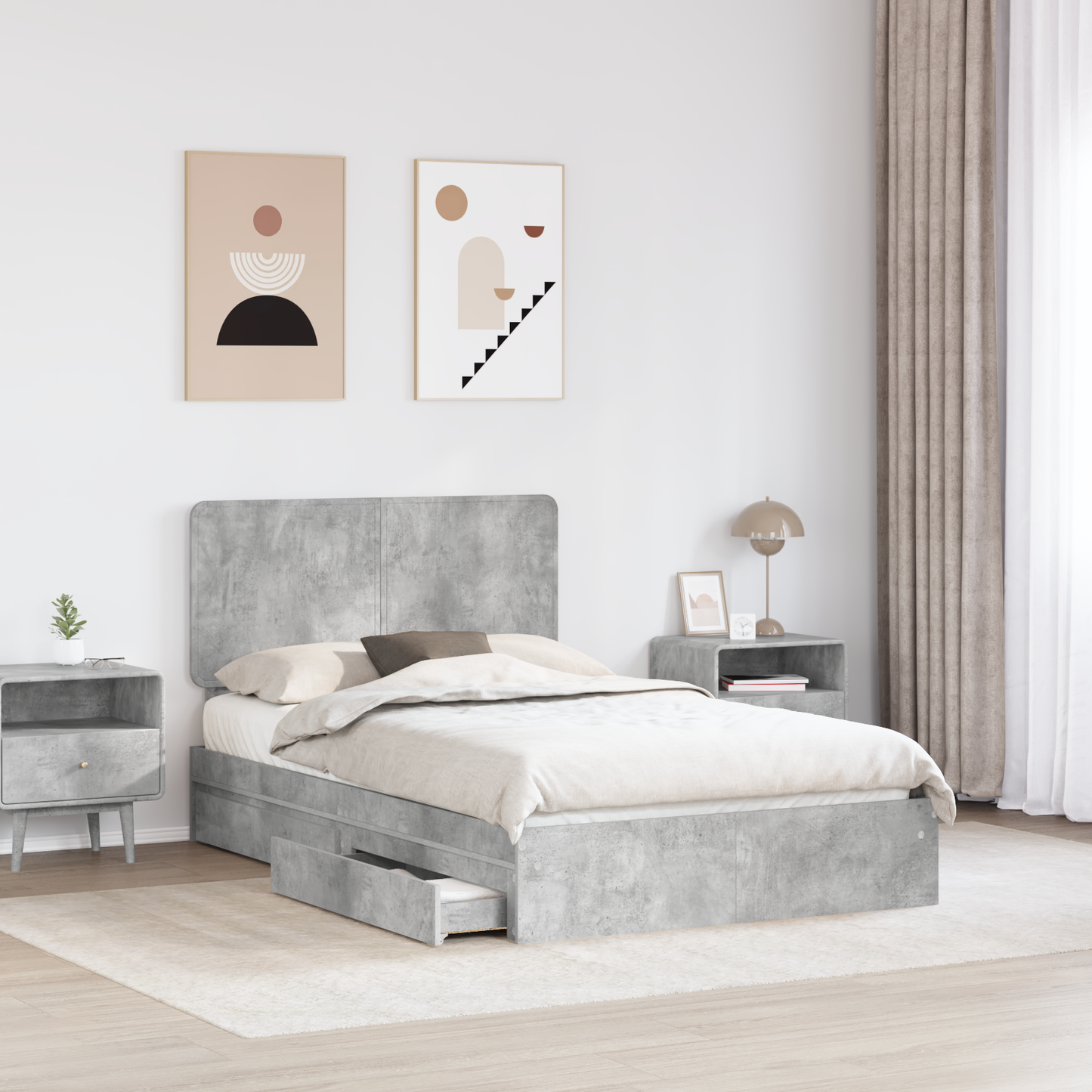 Storage Bed Concrete Grey 135 x 190 cm Engineered Wood