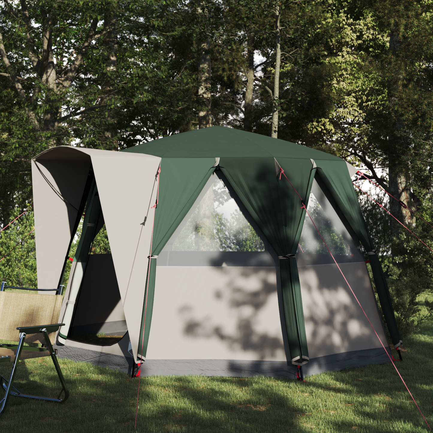 Cabin Tent 3-Person Green and White 320 x 320 x 203 cm