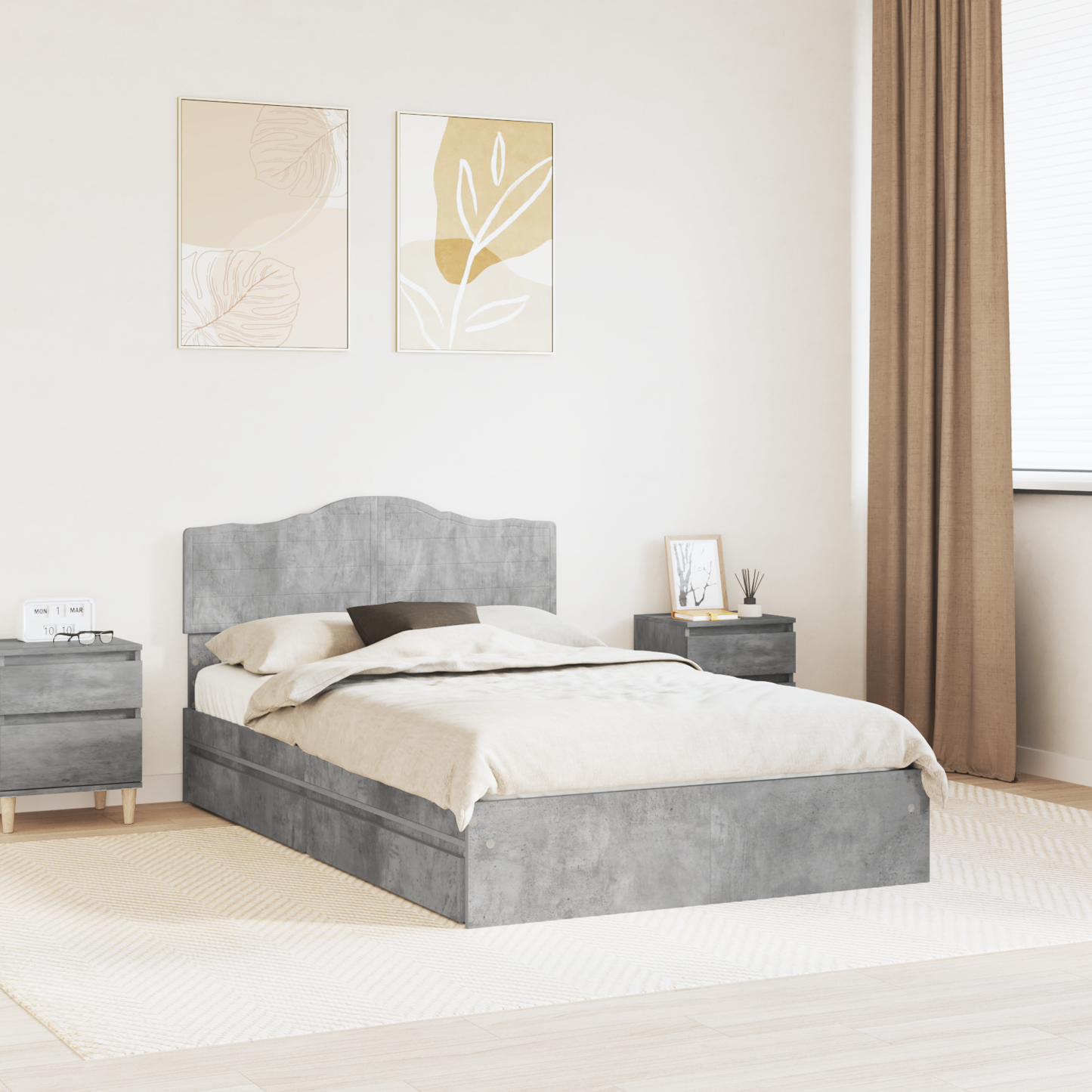 Storage Bed Concrete Grey 135 x 190 cm Engineered Wood