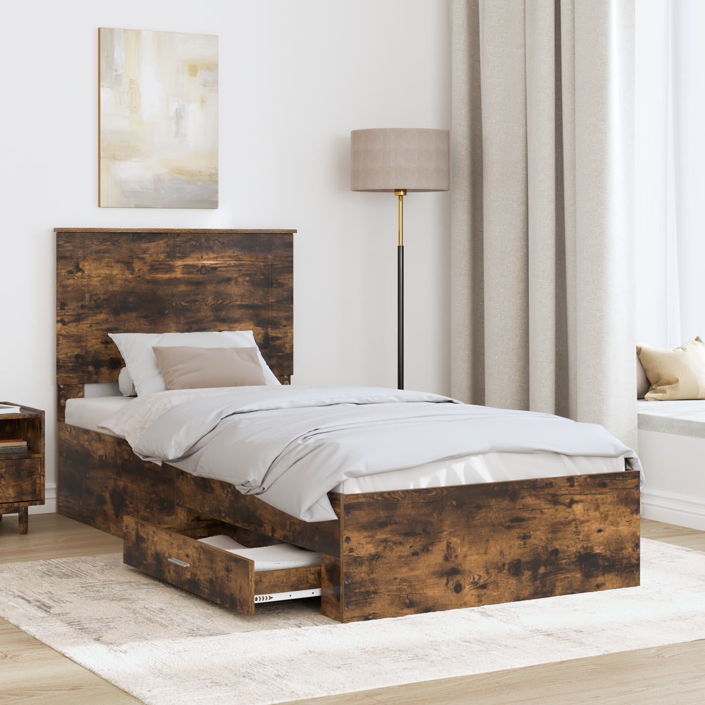 Bed Frame with Drawer Smoked Oak 100 x 200 cm Engineered Wood