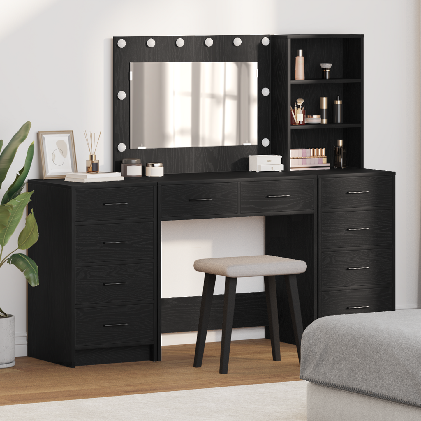 Dressing Table with Drawer 3 pcs Black Oak Engineered Wood