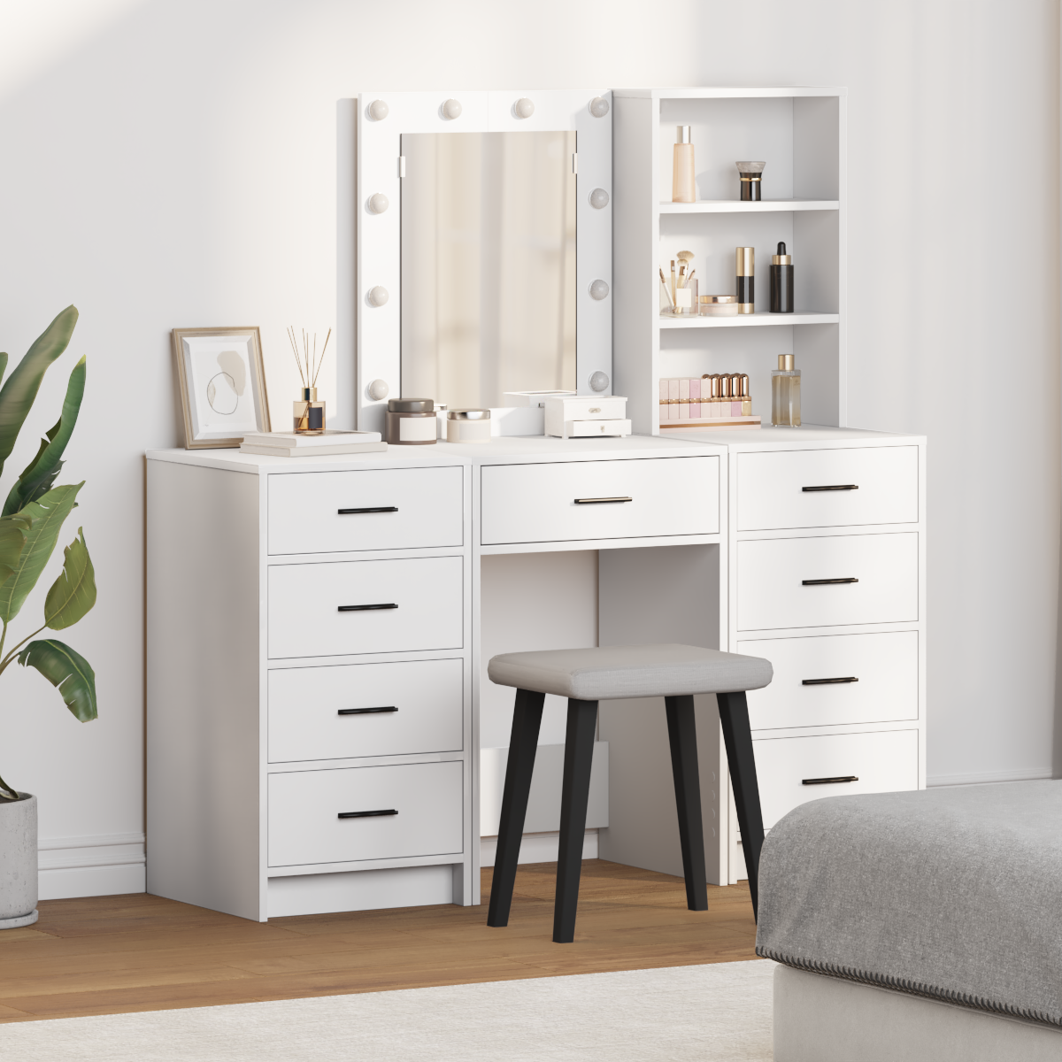Dressing Table with Mirror Lights 3 pcs White Engineered wood