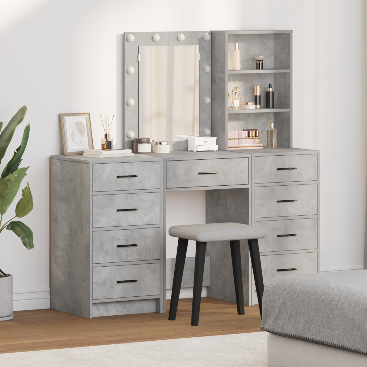 Dressing Table with Mirror Lights 3 pcs Grey Engineered wood