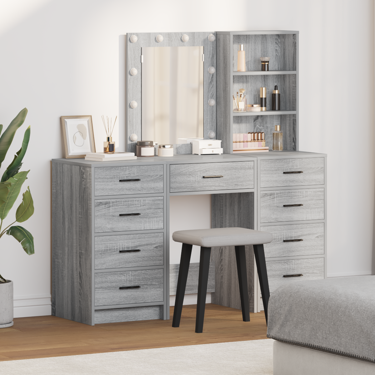 Dressing Table with Mirror Lights 3 pcs Grey Engineered wood