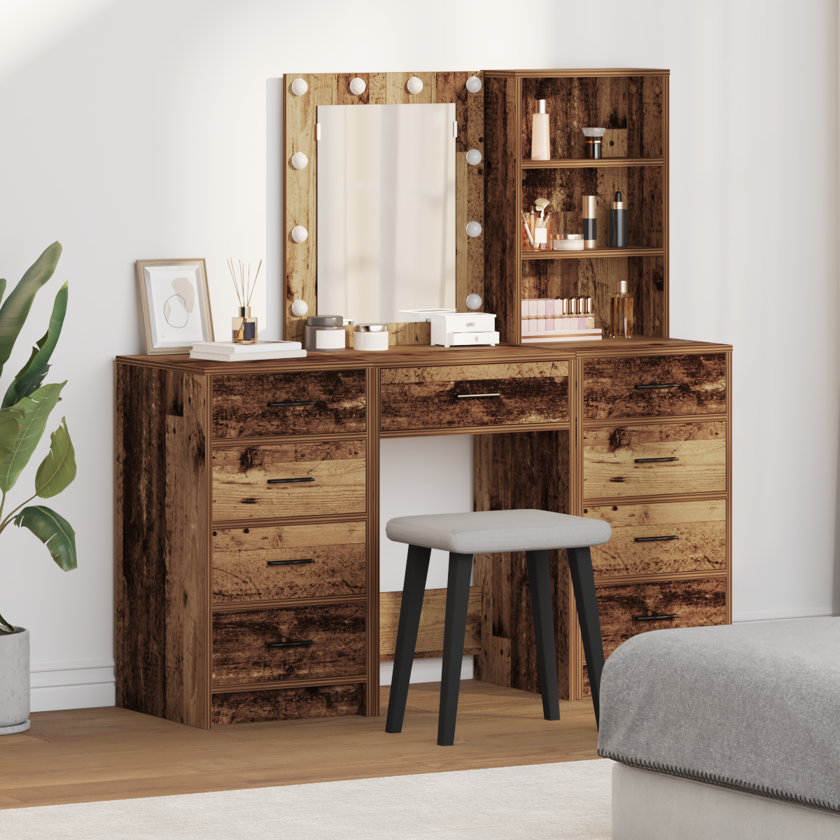 Dressing Table with Mirror Lights 3 pcs Brown Engineered wood