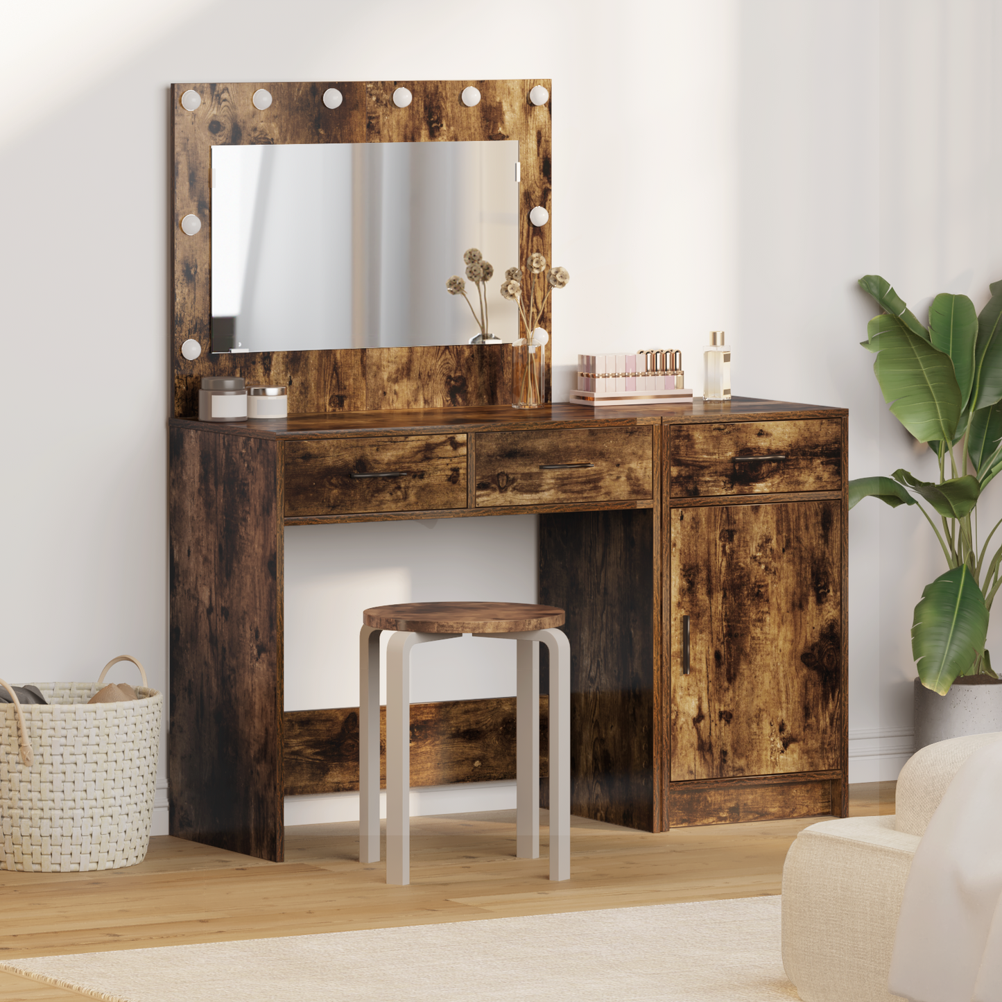 Dressing Table with Mirror Lights 2 pcs Brown Engineered wood