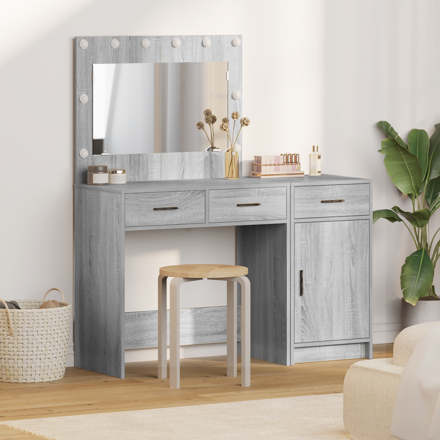 Dressing Table with Mirror Lights 2 pcs Grey Engineered wood