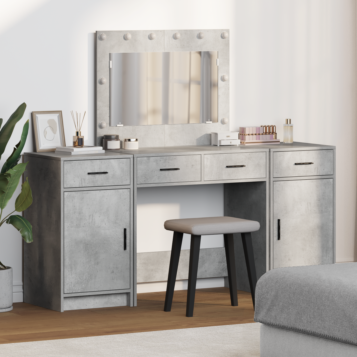 Dressing Table with Mirror Lights 3 pcs Grey Engineered Wood