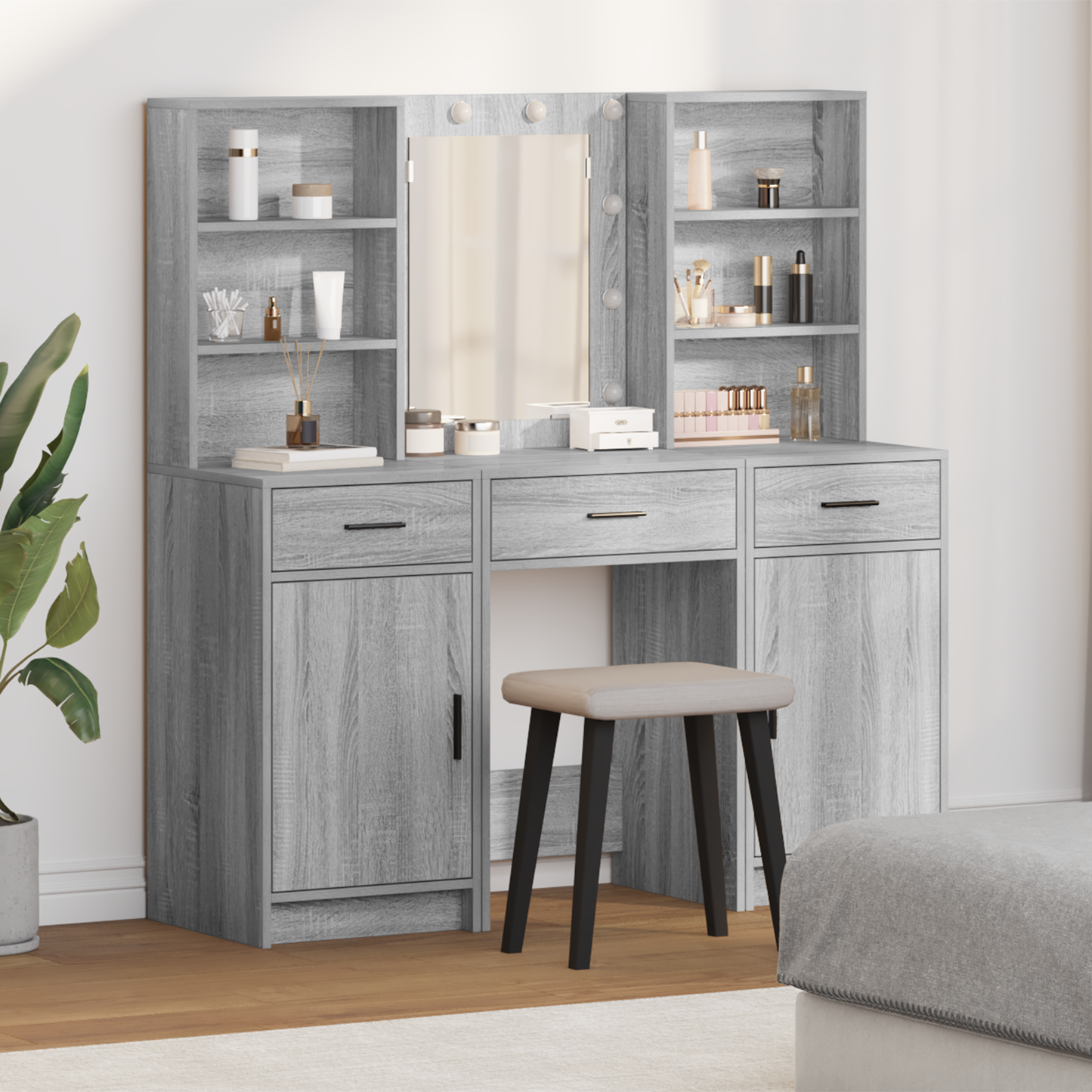 Dressing Table Set with Shelf 3 pcs Grey Sonoma Engineered Wood