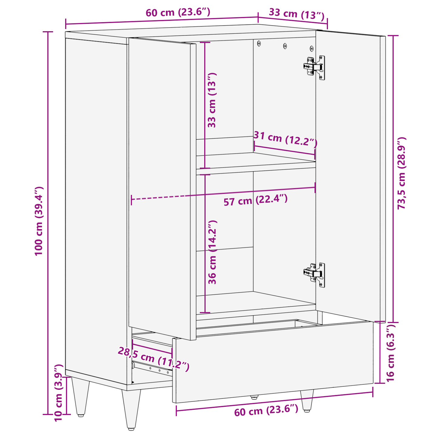 Highboard Brown 60 x 33 x 100 cm Solid Mango Wood
