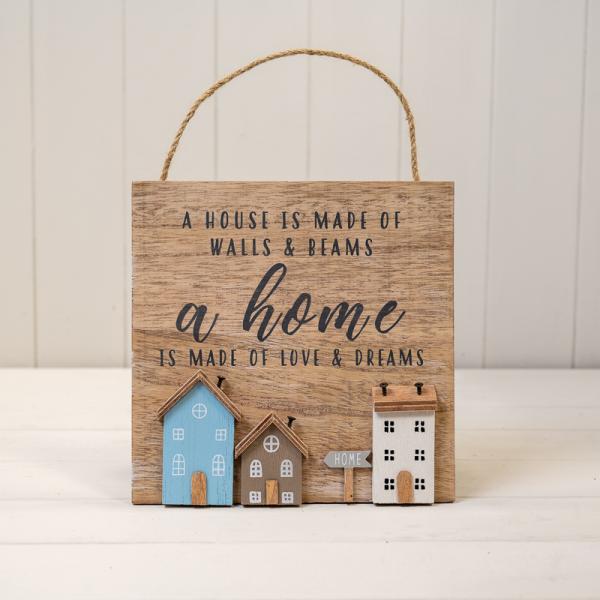 Wooden Home Sign 'Home is Not a Place it's a Feeling' with hearts and stand out Houses  L20xW1.9xH2