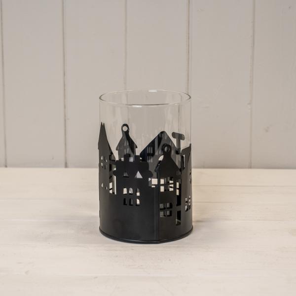 Large Black Metal House Scene Candle Holder with Glass Insert