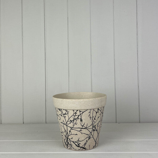 Earthy Warm Grey Straw Flower Pot With Silhouette Branch Design 15cmx13.5cm  Weight-1540g