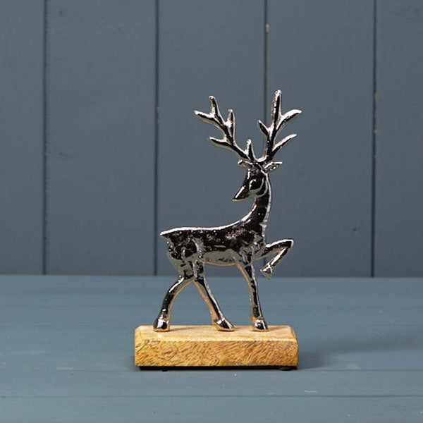 Silver Deer on Wooden Base 13x5x23cm