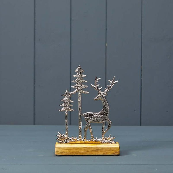 Silver Ring with Stars & Trees with 4 T-Lights on Wooden Base 23x23x11cmÂ  Weight-648g