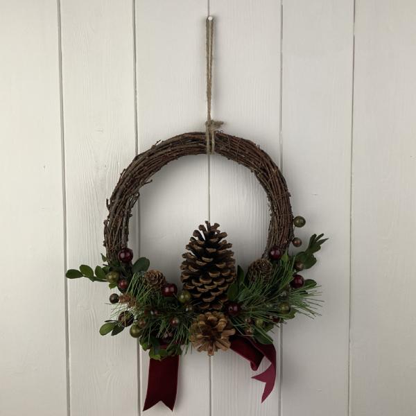 Rattan Pinecone and Berry Wreath with Bow D24cm