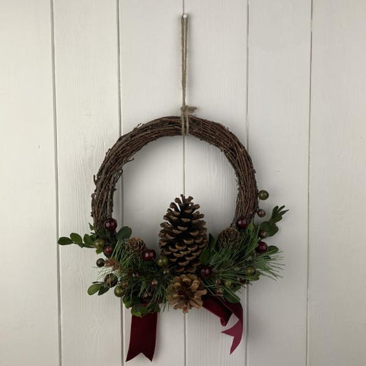 Rattan Pinecone and Berry Wreath with Bow D24cm