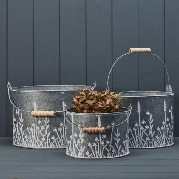 Set of Three White Zinc Bee Planters