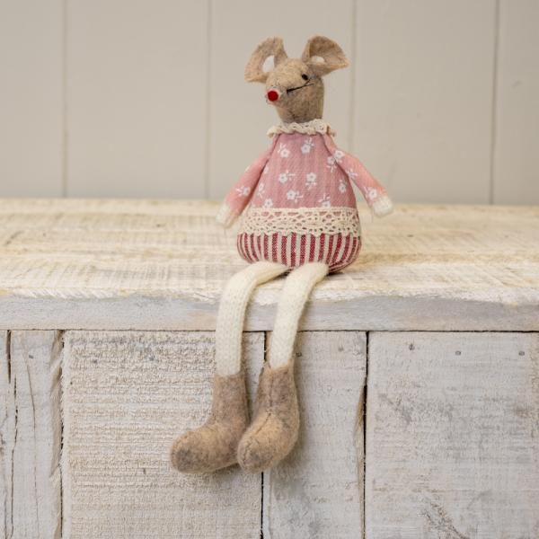 Pink Fabric Sitting / Hanging Mouse with Green Sleeves
