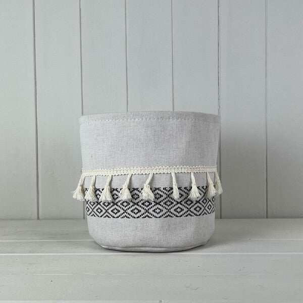 Medium Cylinder White and Black Cotton Planter with Tassels (14cm)