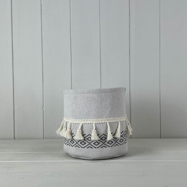 White and Black Cotton Planter with Tassels D11cm H10.5cm