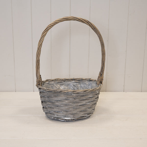 24cm Round Greywashed Willow Basket with overhandle