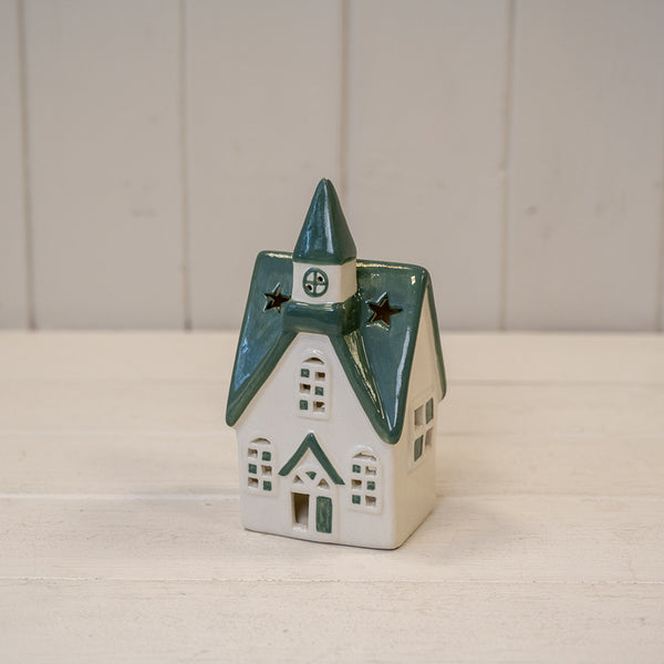 White/Green Ceramic House Tealight L10xW7xH10.5cm