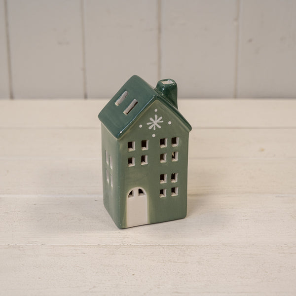 Green Ceramic LED House with Single Snowflake. Timer 6 hours