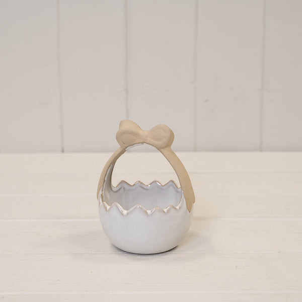 Ceramic Easter Egg Basket White Glazed with Unglazed Bow Handle 125.7cm x 11cm x 15.3cm