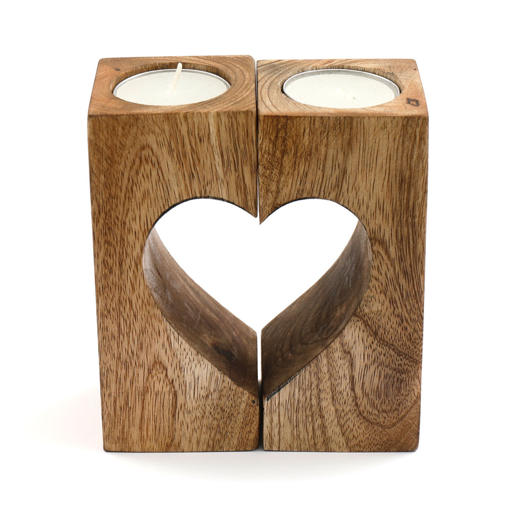 13cm Cut Out Heart Mango Wood Tealight Holder