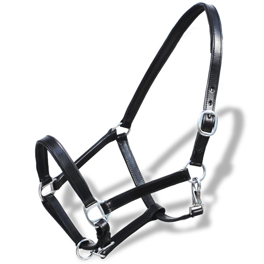 Real Leather Headcollar Stable Halter Adjustable Black Cob - Upclimb Ltd