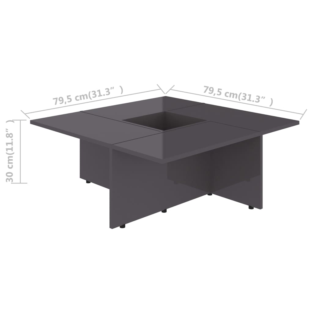 Table basse gris brillant 79,5x79,5x30 cm bois d'ingénierie