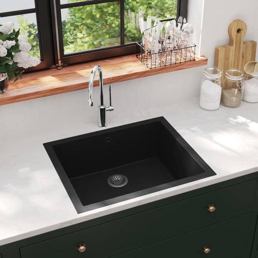 vidaXL Kitchen Sink with Overflow Hole Black Granite