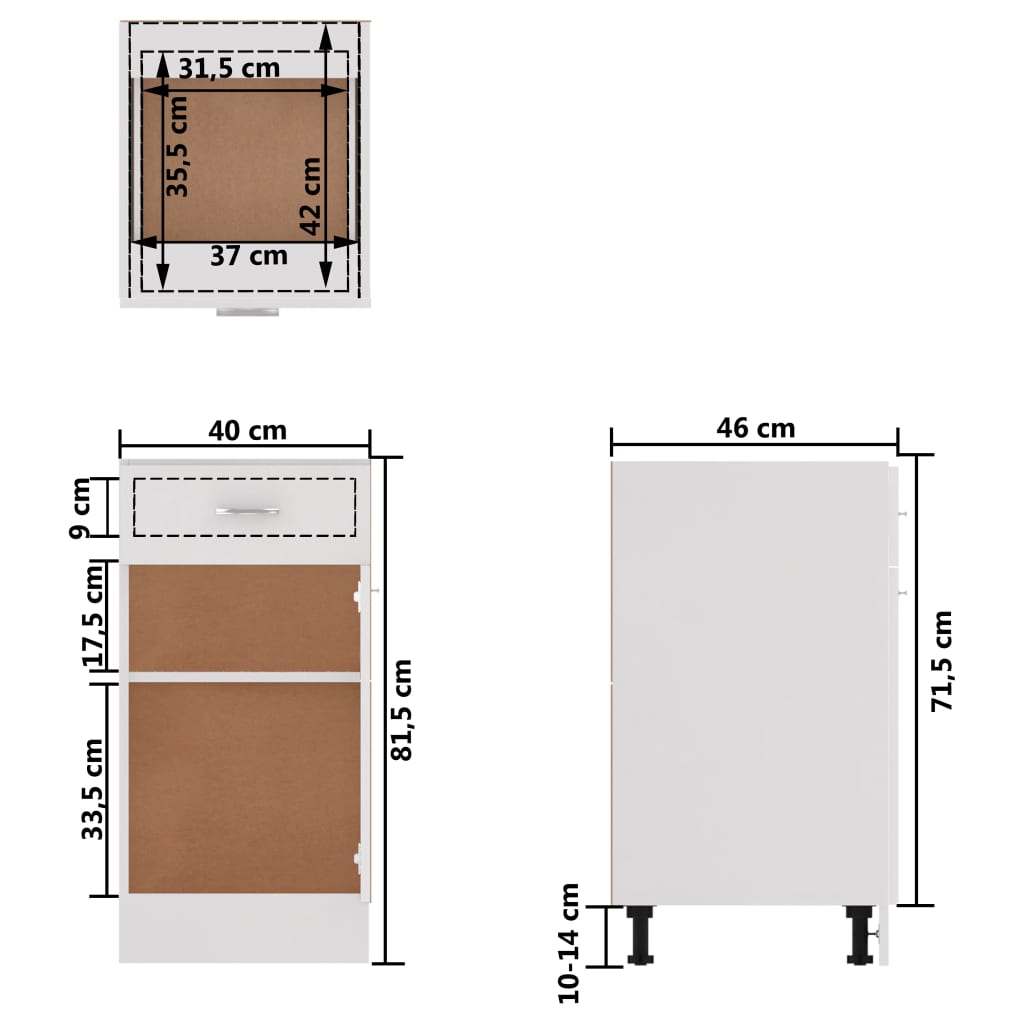 Tiroir Bas Armoire Haute Brillance Blanc 40x46x81,5 cm Bois d'ingénierie