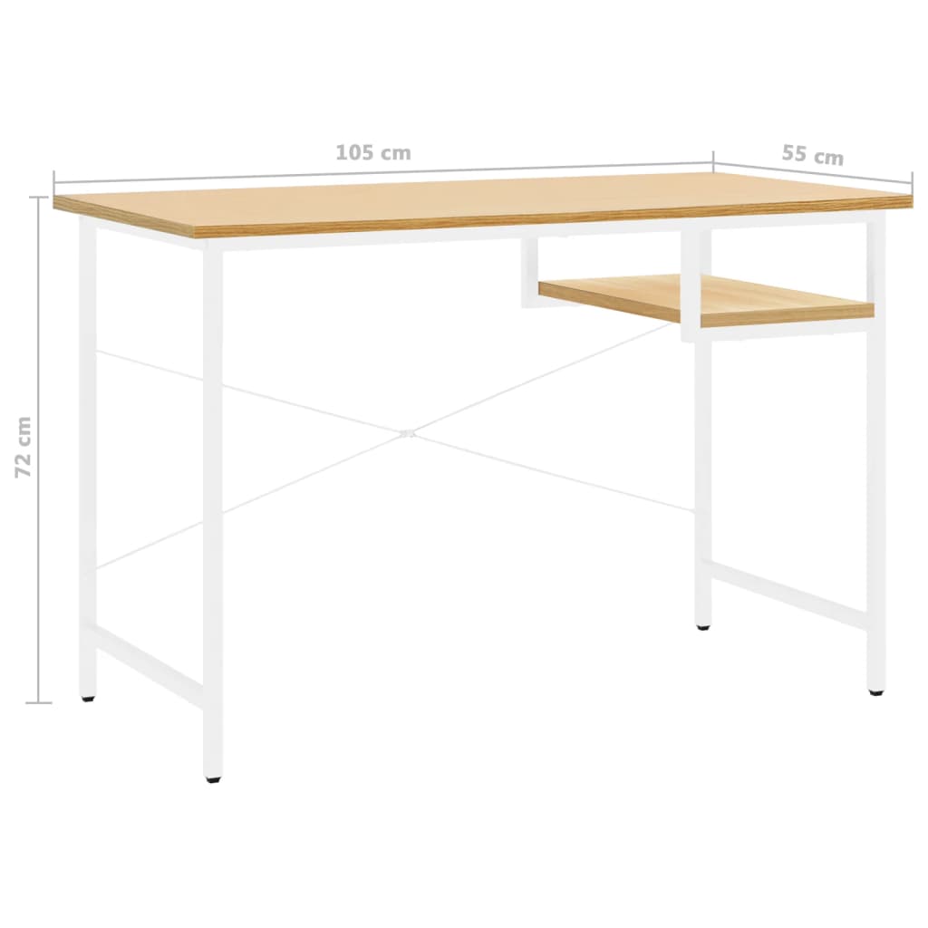 vidaXL Computer Desk White and Light Oak 105x55x72 cm MDF and Metal