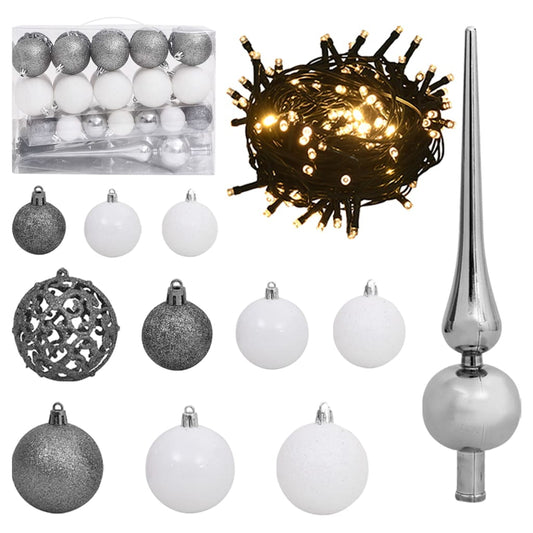 61 Delige Kerstballenset met Piek en 150 LED's White&amp;Gey