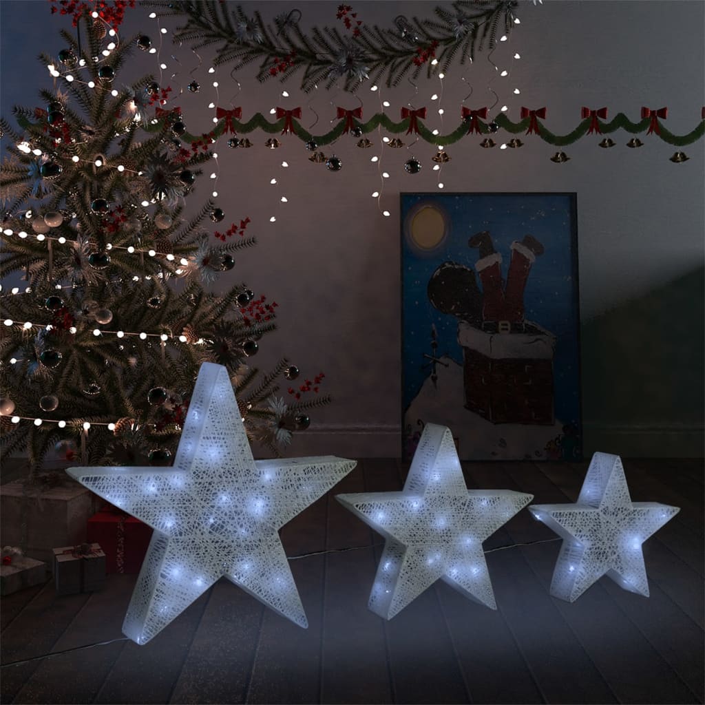 Kerstdecoratie Sterren 3 stuks Wit Mesh LED Buiten Binnen