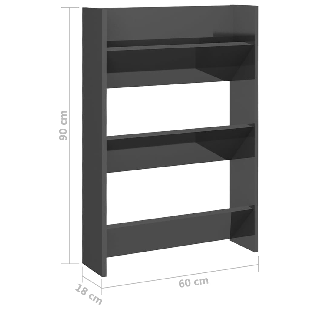 Wandschoenenkast 2 stuks Hoogglans Grijs 60x18x90 cm Engineered Wood