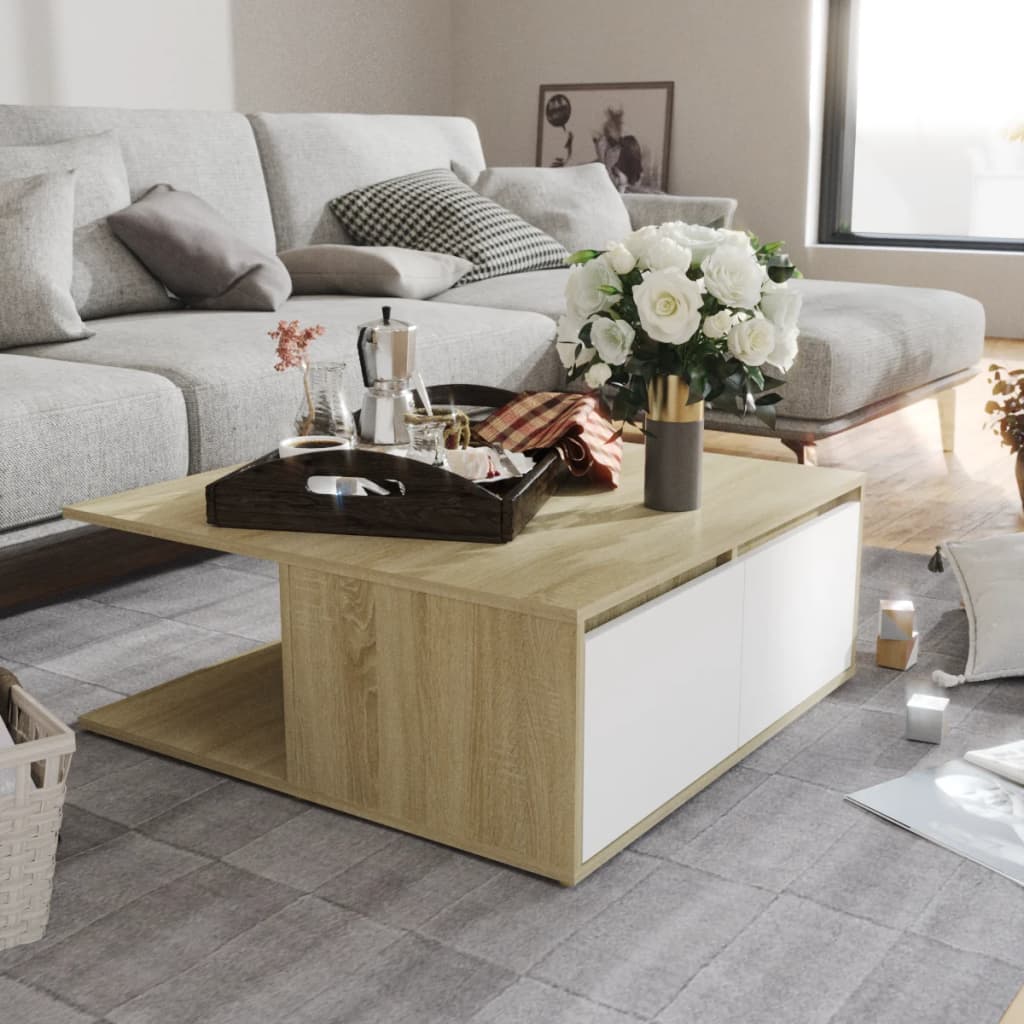 vidaXL Coffee Table White and Sonoma Oak 80x80x31 cm Engineered Wood