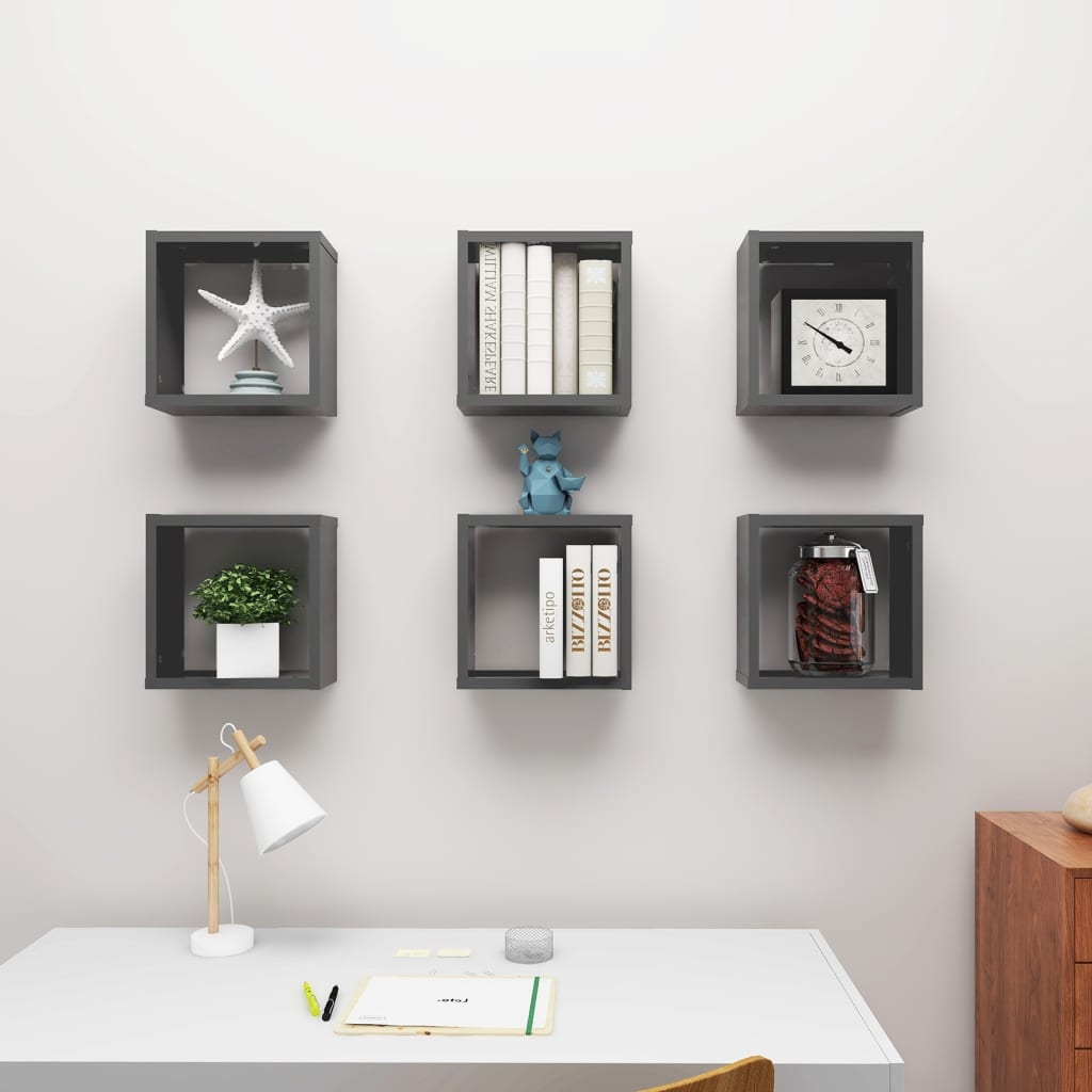 vidaXL Wall Cube Shelves 6 pcs Grey 30x15x30 cm