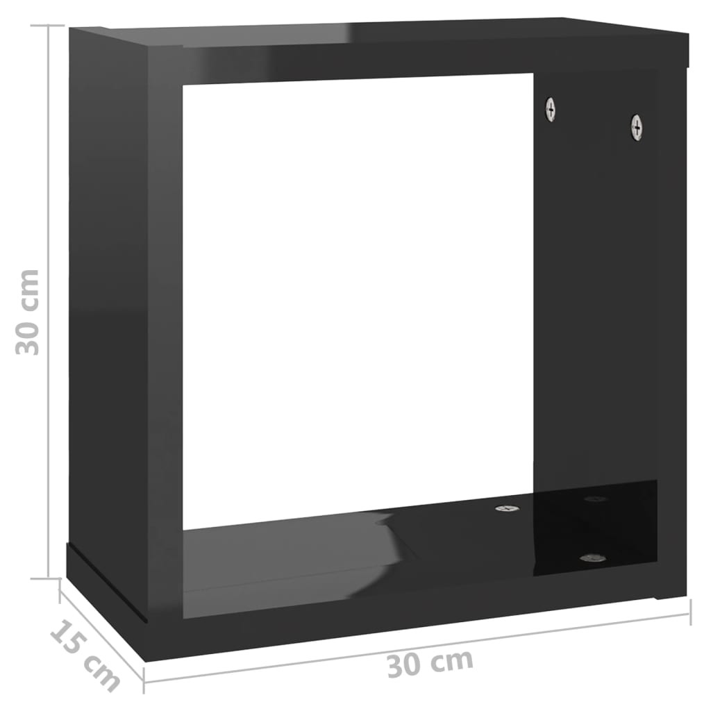 Wandkubus Planken 2 stuks Hoogglans Zwart 30x15x30 cm