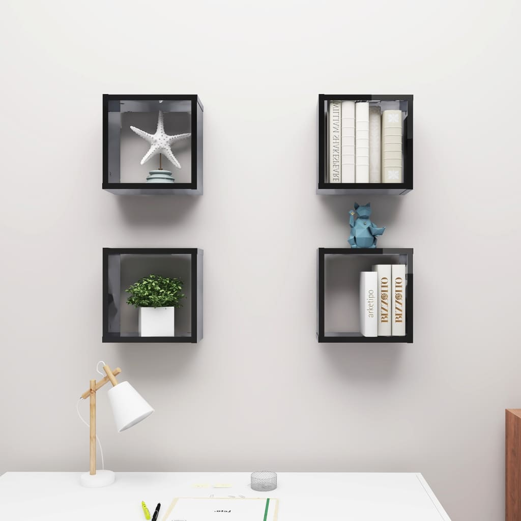 vidaXL Wall Cube Shelves 4 pcs High Gloss Black 30x15x30 cm