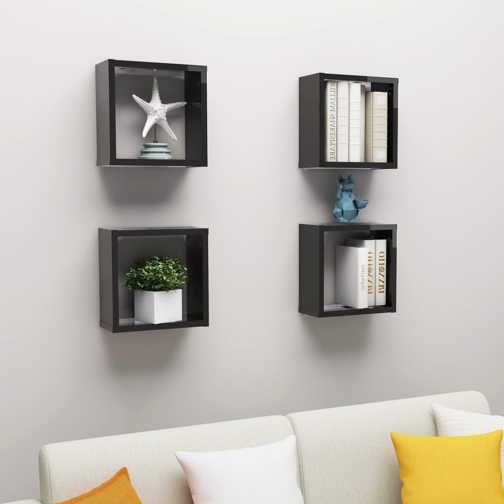 vidaXL Wall Cube Shelves 4 pcs High Gloss Black 30x15x30 cm