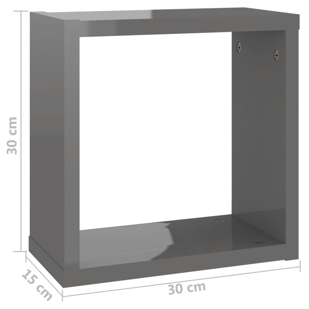 vidaXL Wall Cube Shelves 2 pcs High Gloss Grey 30x15x30 cm