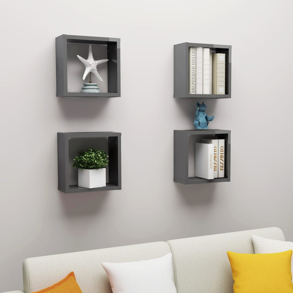 vidaXL Wall Cube Shelves 4 pcs High Gloss Grey 30x15x30 cm