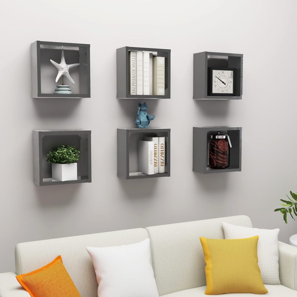 vidaXL Wall Cube Shelves 6 pcs High Gloss Grey 30x15x30 cm