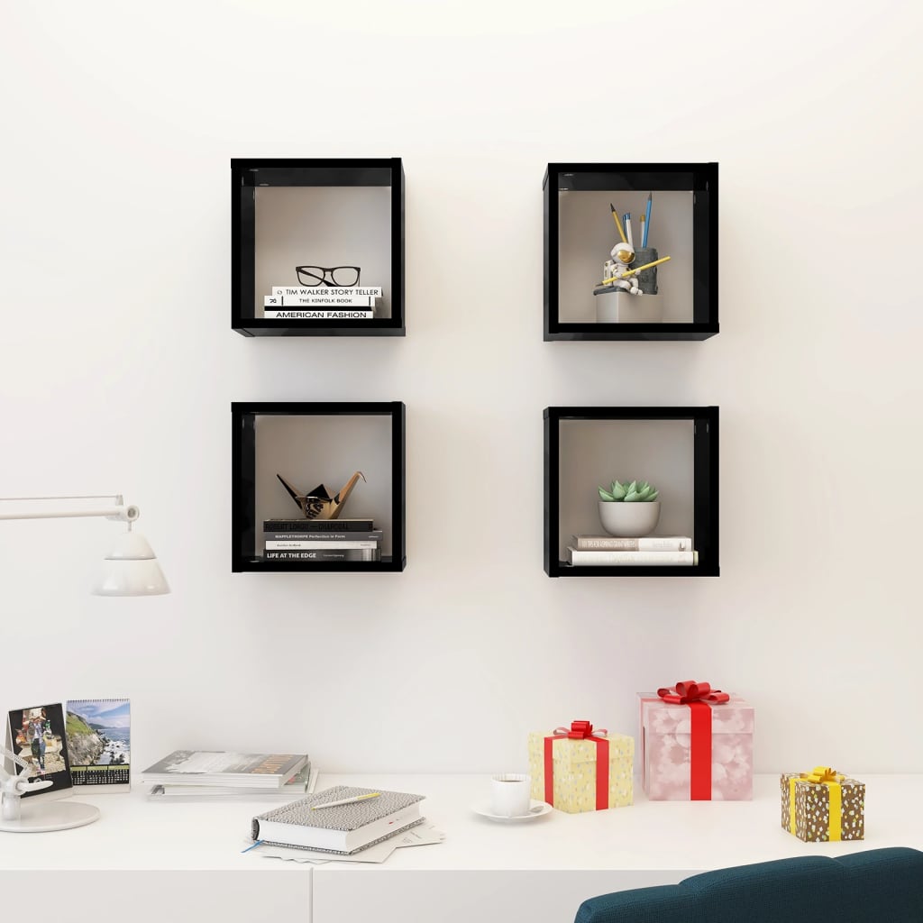 vidaXL Wall Cube Shelves 4 pcs High Gloss Black 26x15x26 cm