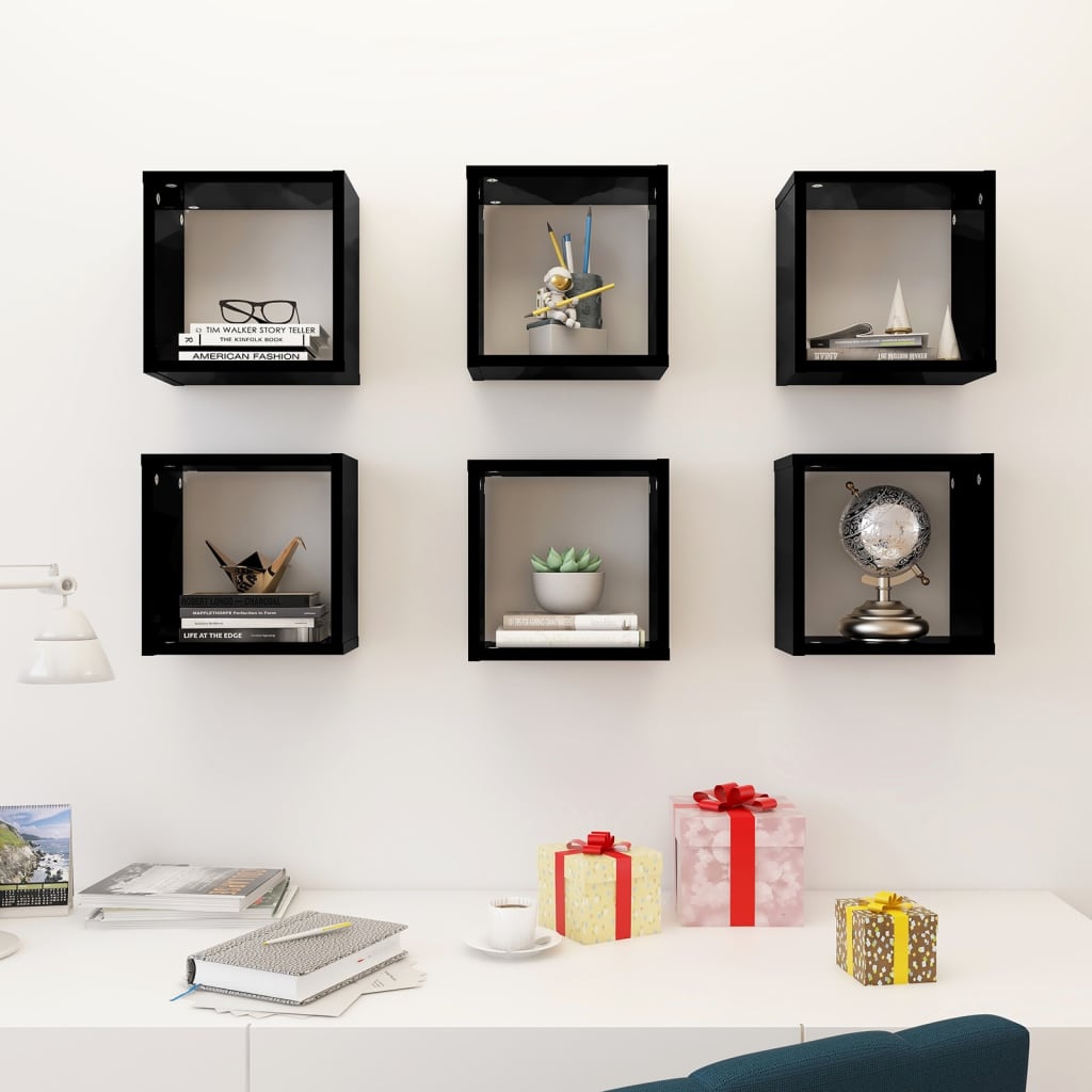 vidaXL Wall Cube Shelves 6 pcs High Gloss Black 26x15x26 cm